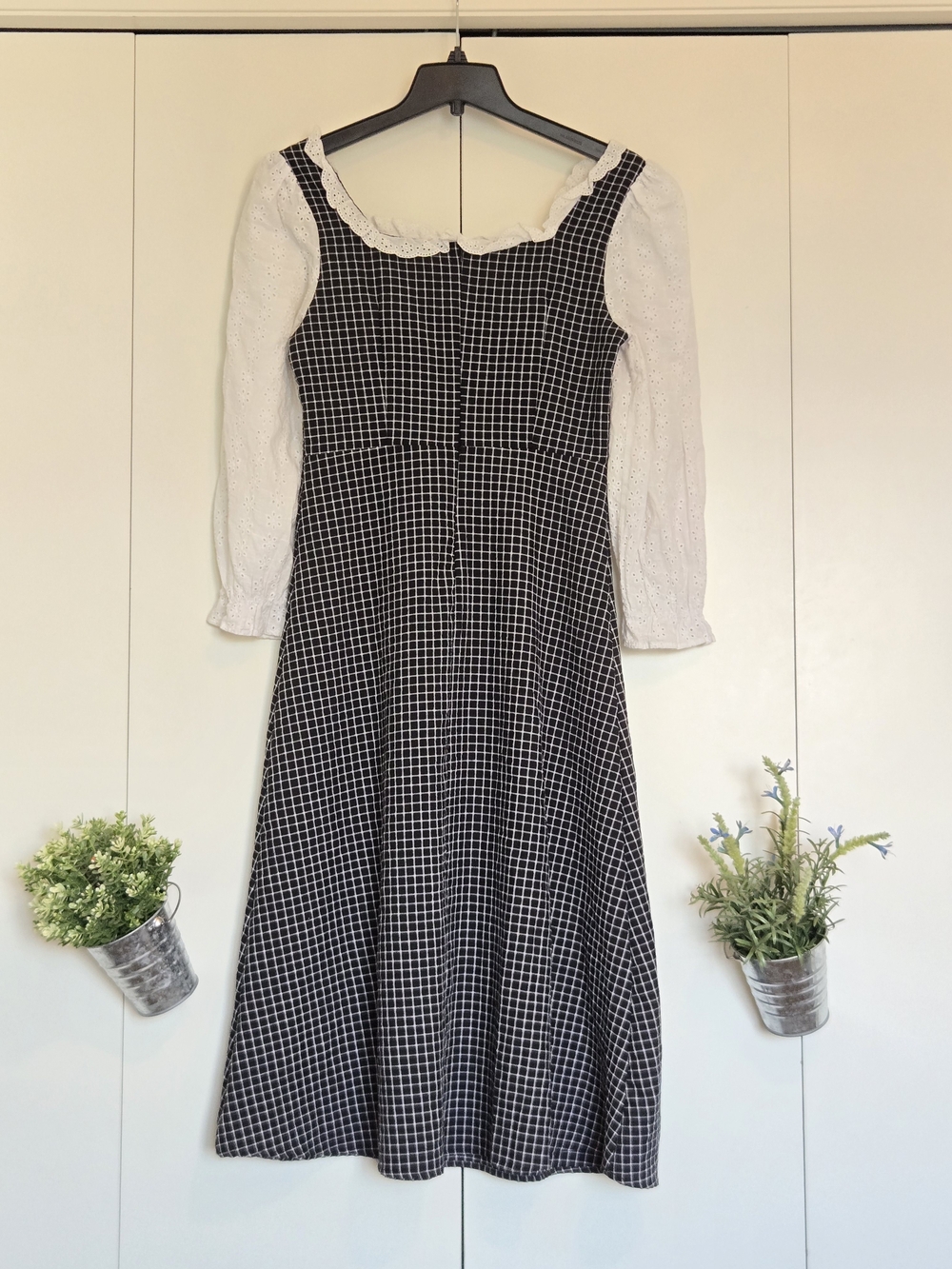 Blue Check Midi Dress with White Lace Bodice - Picture 2 of 5